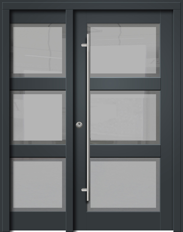 Eine moderne dunkelgraue Tür mit quadratischen Glaseinsätzen und einem langen, silbernen Griff.