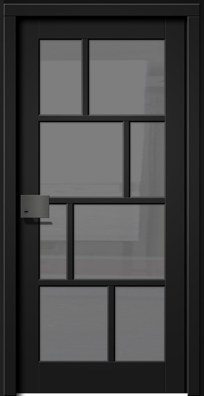 Eine moderne schwarze Tür mit mehreren Glaspaneelen.