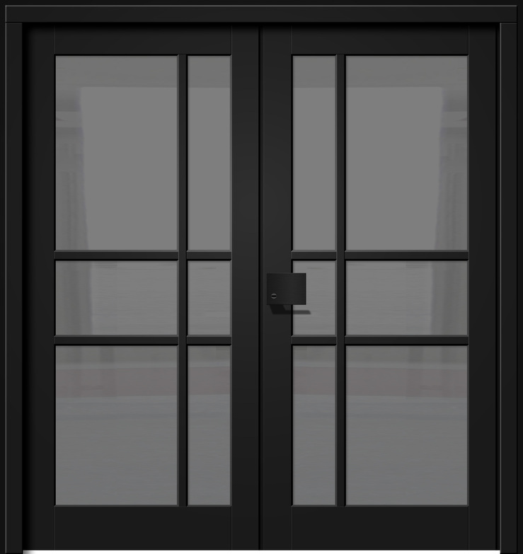 Eine moderne schwarze Glastür mit quadratischem Muster und leicht sichtbarem Hintergrund