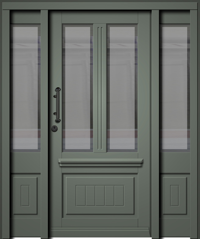 Eine grüne, detailreiche Haustür mit Glasfenstern und eleganter Verkleidung