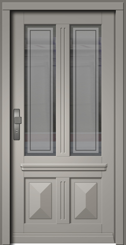 Graue Tür mit glatten Paneelen und vertikalen Glaseinsätzen in modernem Design