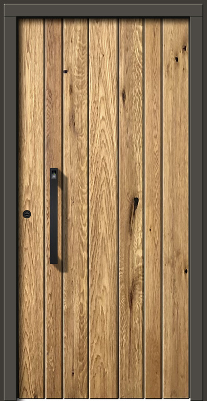 Eine Holztür mit vertikalen Planken und einem schwarzen Griff.