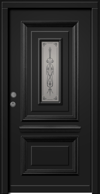 Schwarze Tür mit dekorativem Glaseinsatz in einem eleganten Design