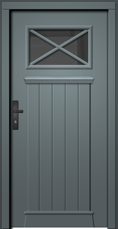 Eine graue Tür mit einem kleinen, kreuzförmigen Fenster oben.