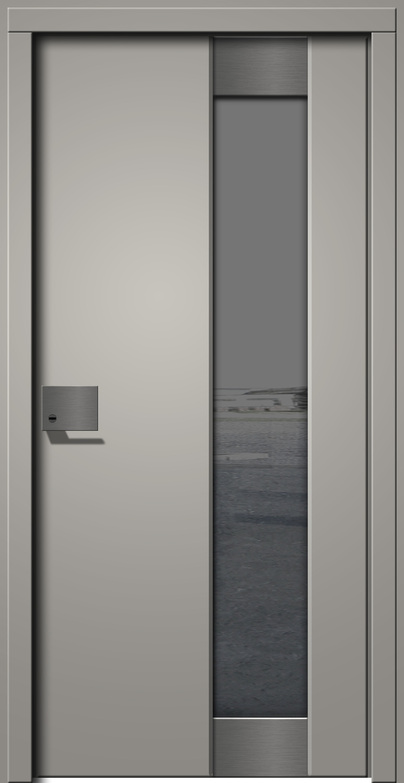 Graue Stahltür mit modernem Design und einem schmalen Glaseinsatz links