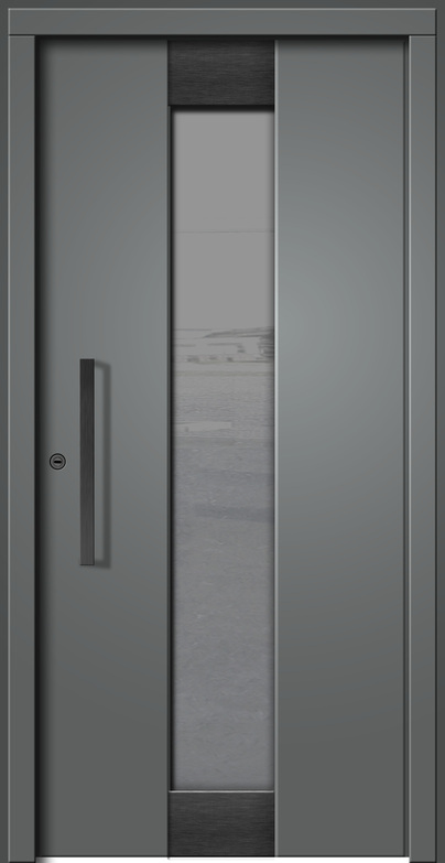 Graue Schiebetür mit Glasabschnitt und schwarzem Griff, modernes Design.
