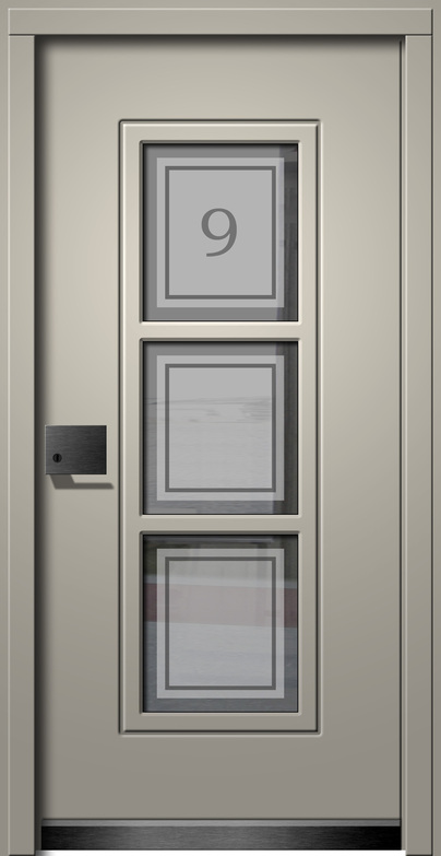Beige Tür mit drei Glasfenstern, von denen das oberste die Nummer 9 zeigt.