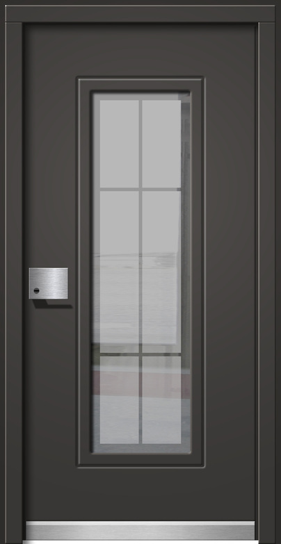 Eine graue Tür mit rechteckigem Fenster und modernen Akzenten.