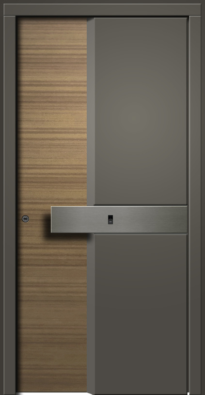 Eine moderne Tür mit Holz- und grauen Metallelementen in stilvollem Design