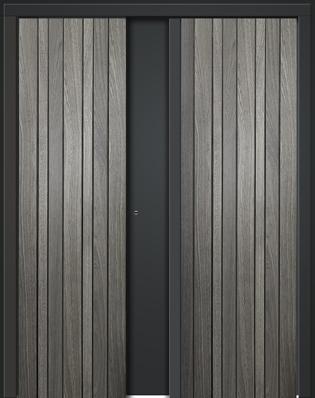 Eine graue Holztür mit vertikalen Streifen und einem modernen Design