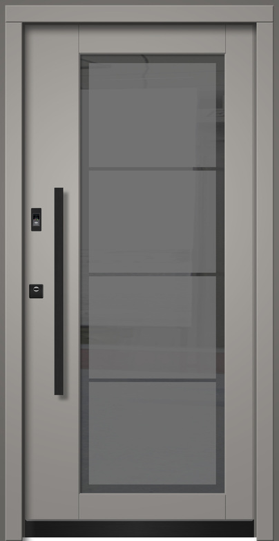 Eine moderne graue Tür mit schwarzen Griffen und einem großen Glaseinsatz.