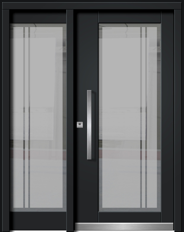 Eine moderne, zweiflügelige, dunkelgraue Glastür mit eleganten Metallakzenten