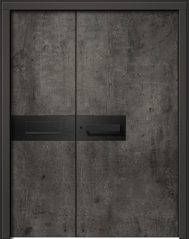 Graues Stahltor mit schwarzem Griff in industriellem Design.