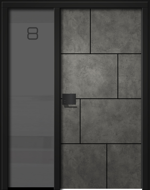 Eine graue Tür mit modernem Design und rechteckigen Mustern.