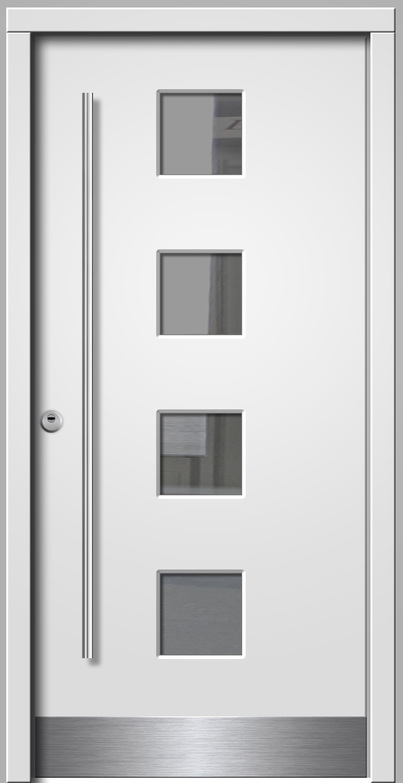 Eine moderne weiße Tür mit vier quadratischen Glasfenstern und einem langen Griff.