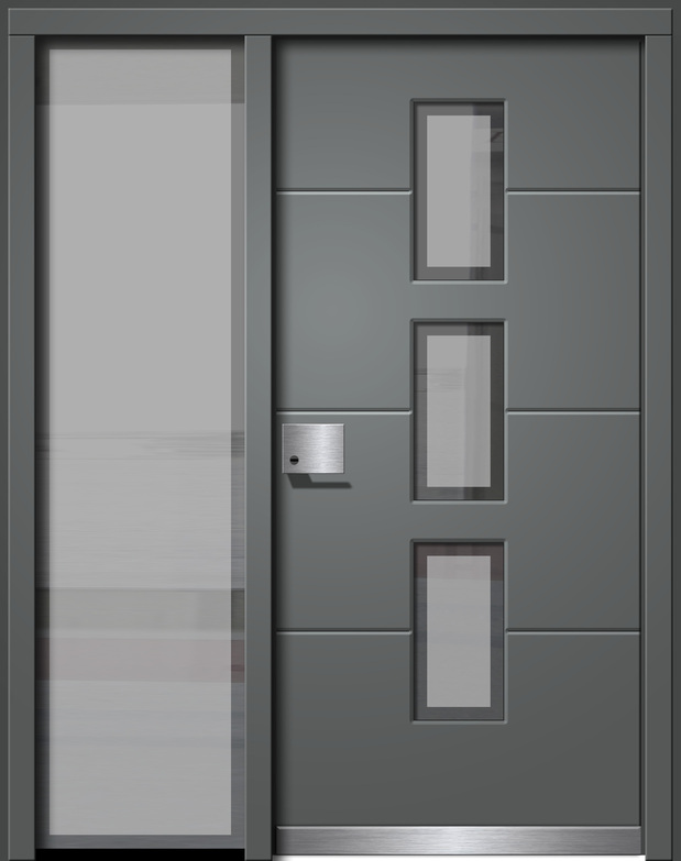 Eine moderne graue Tür mit vertikalen Glaseinsätzen und einem silbernen Griff.