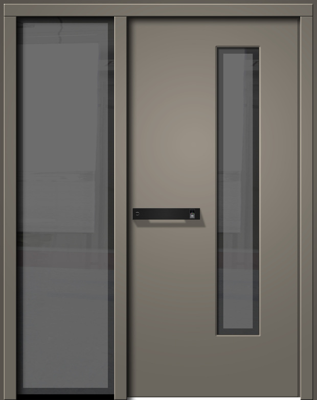 Moderne graue Tür mit zwei seitlichen Glaseinsätzen und einem schwarzen Griff.