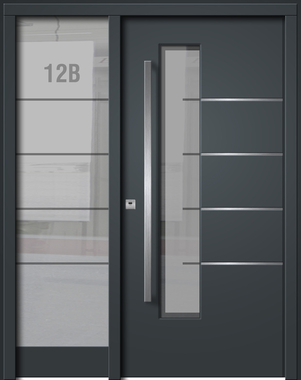 Eine moderne, dunkelgraue Tür mit Glaseinsätzen und der Nummer 12B sichtbar.