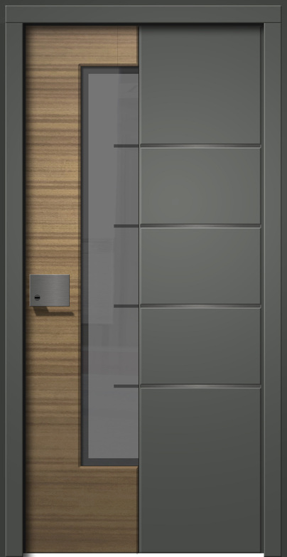 Eine moderne Tür mit Holz- und grauen Paneelen, klar geschnittene Linien.