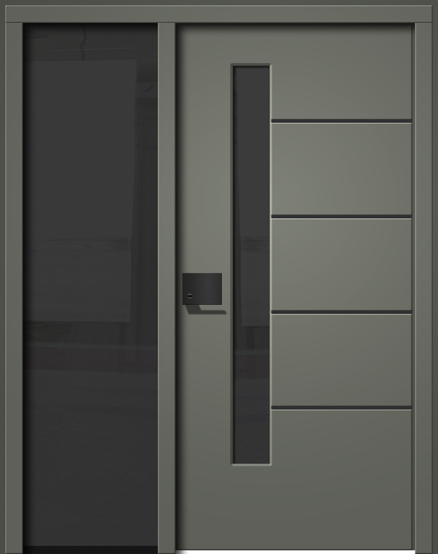 Graue moderne Tür mit vertikalem Glasausschnitt und minimalistischem Design