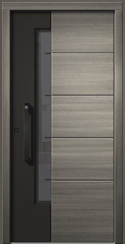 Eine moderne Tür mit grauen und schwarzen Farbdetails und vertikalem Griff.