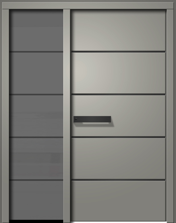 Graue moderne Eingangstür mit horizontalen Paneelen und schwarzem Griff.