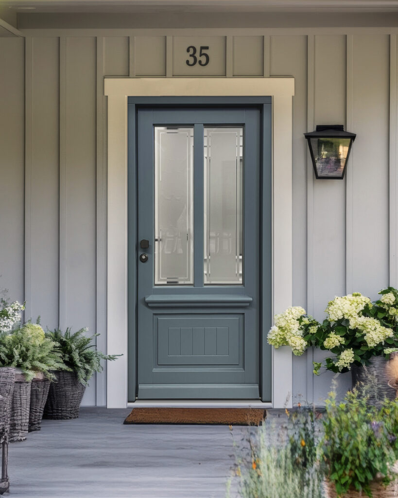 Eine elegante blaue Haustür mit Fenster, umgeben von blühenden Pflanzen.