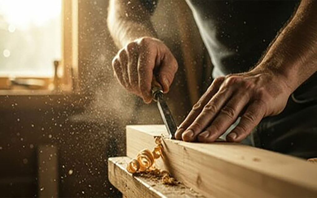 Eine Person hobelt ein Holzbrett mit einem konzentrierten Ausdruck.