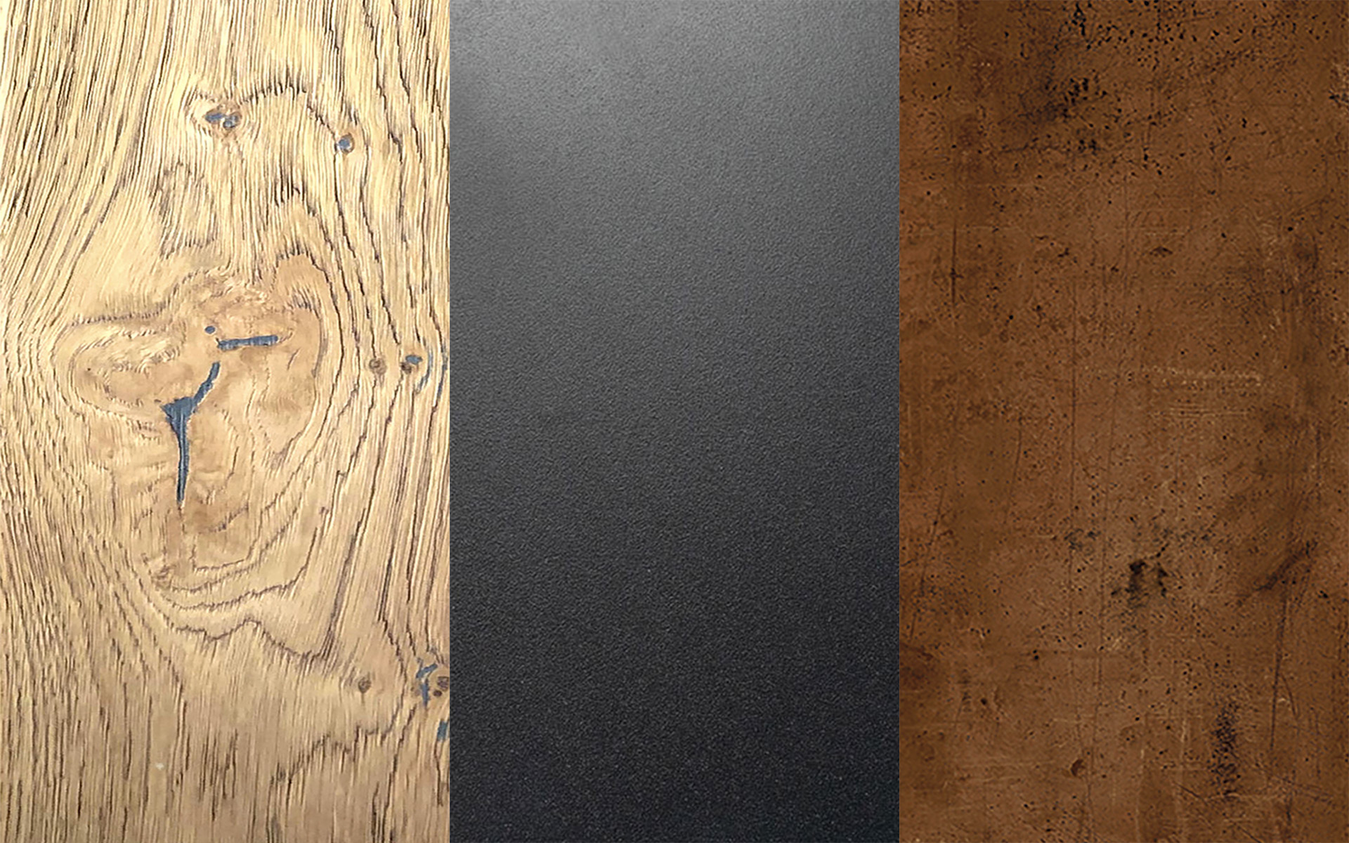 Ein dreiteiliges Bild zeigt Holzmaserung, schwarzes Metall und braunes Leder.