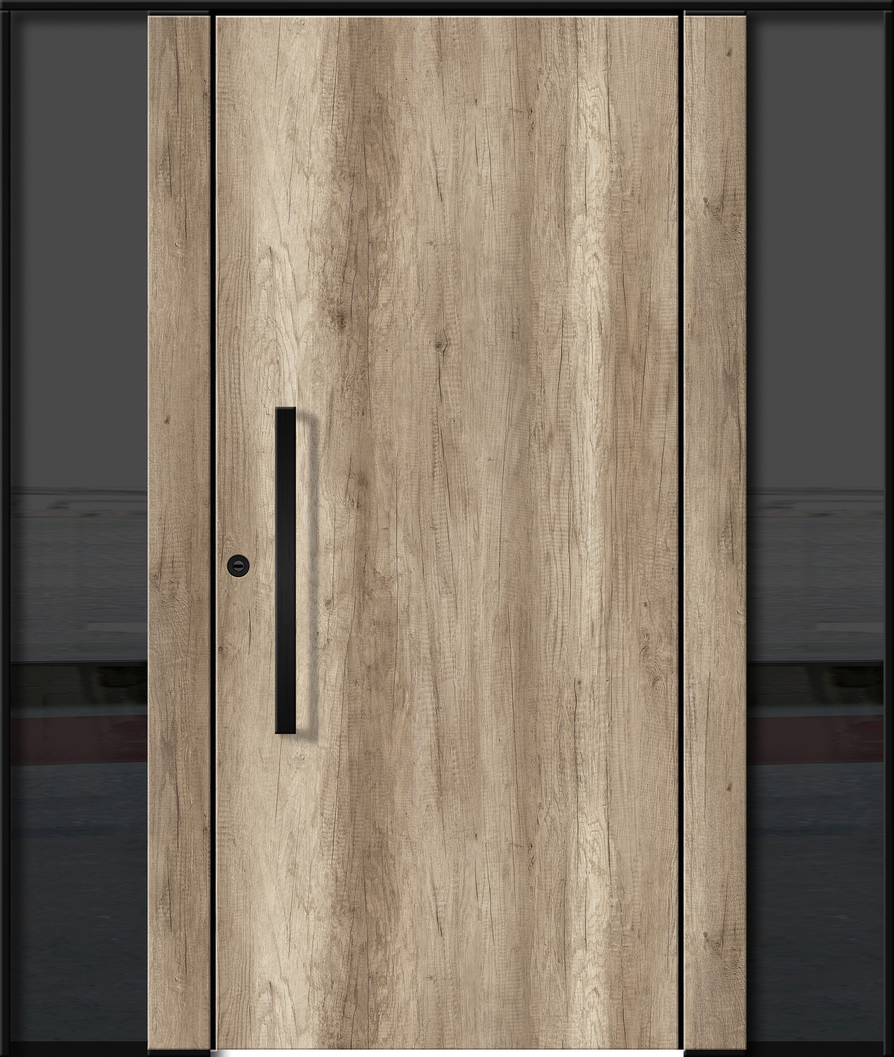 Eine Holztür mit vertikaler Maserung und schwarzem Griff in modernem Design