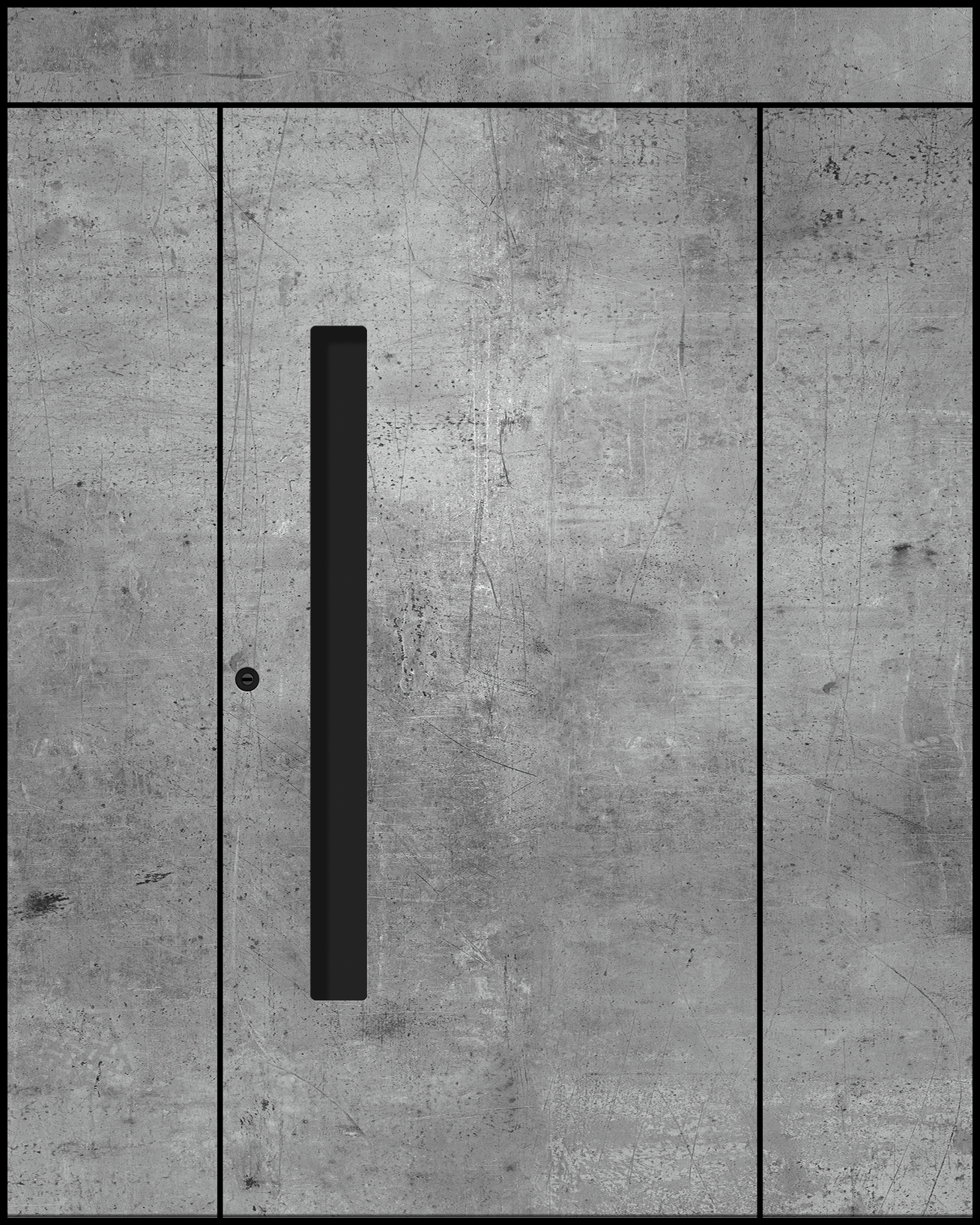 Graue Betonwand mit großer, schwarzer Tür und vertikalem Griff.