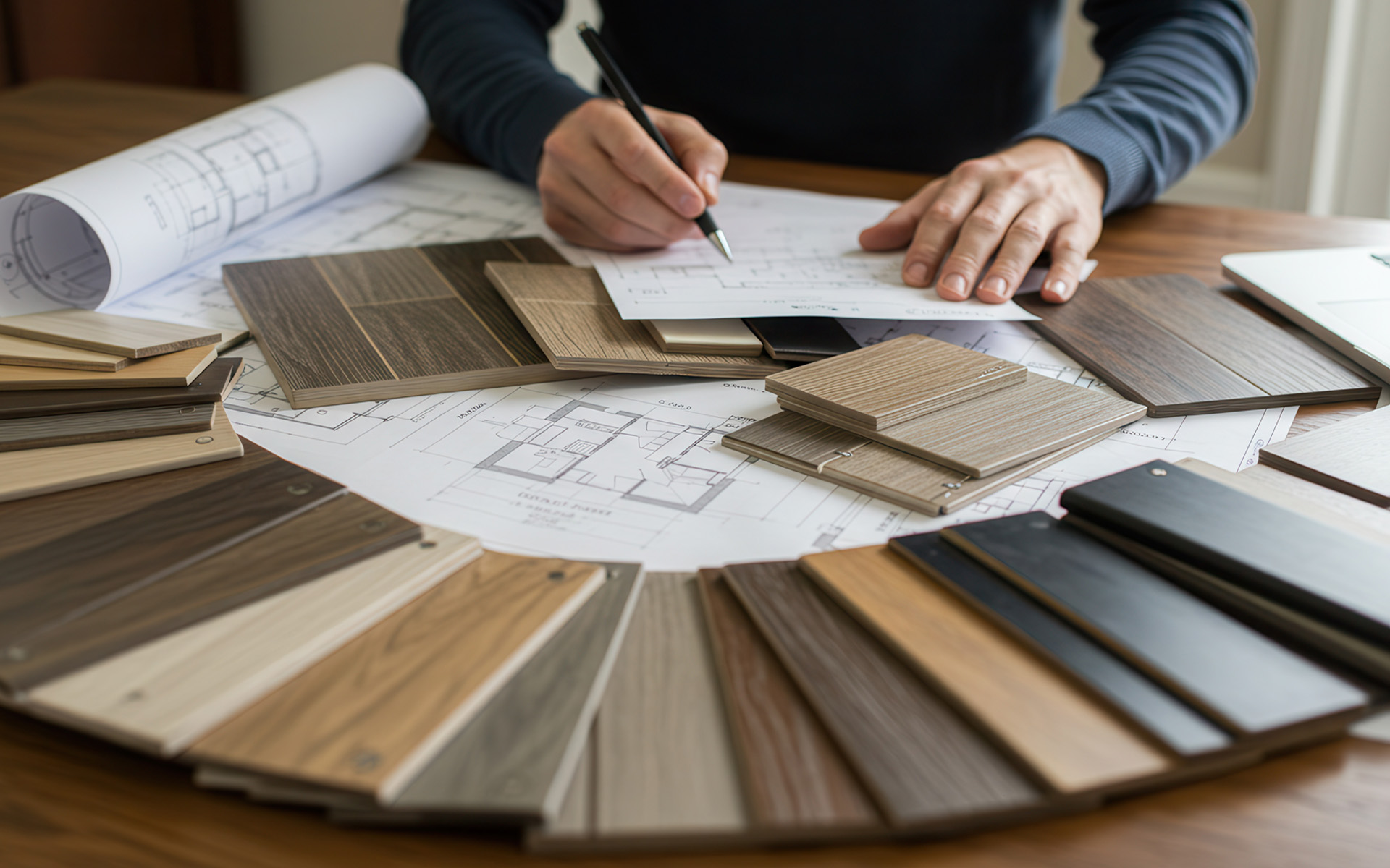 Eine Person plant ein Design mit Holzmustern und Bauplänen auf dem Tisch.