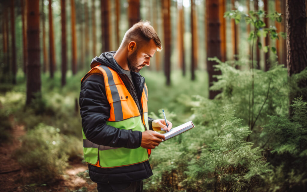 Person mit orange-grüner Sicherheitsweste, notiert in einem Wald.