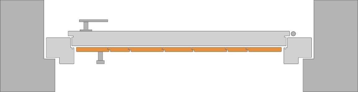 Diagramm einer Maschine mit grauen und orangefarbenen Teilen auf weißem Hintergrund