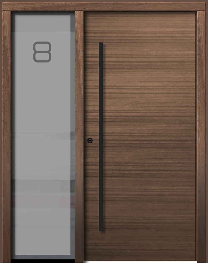 Braune moderne Holztür mit langem schwarzen Griff und seitlichem Glaselement mit Zahl 8