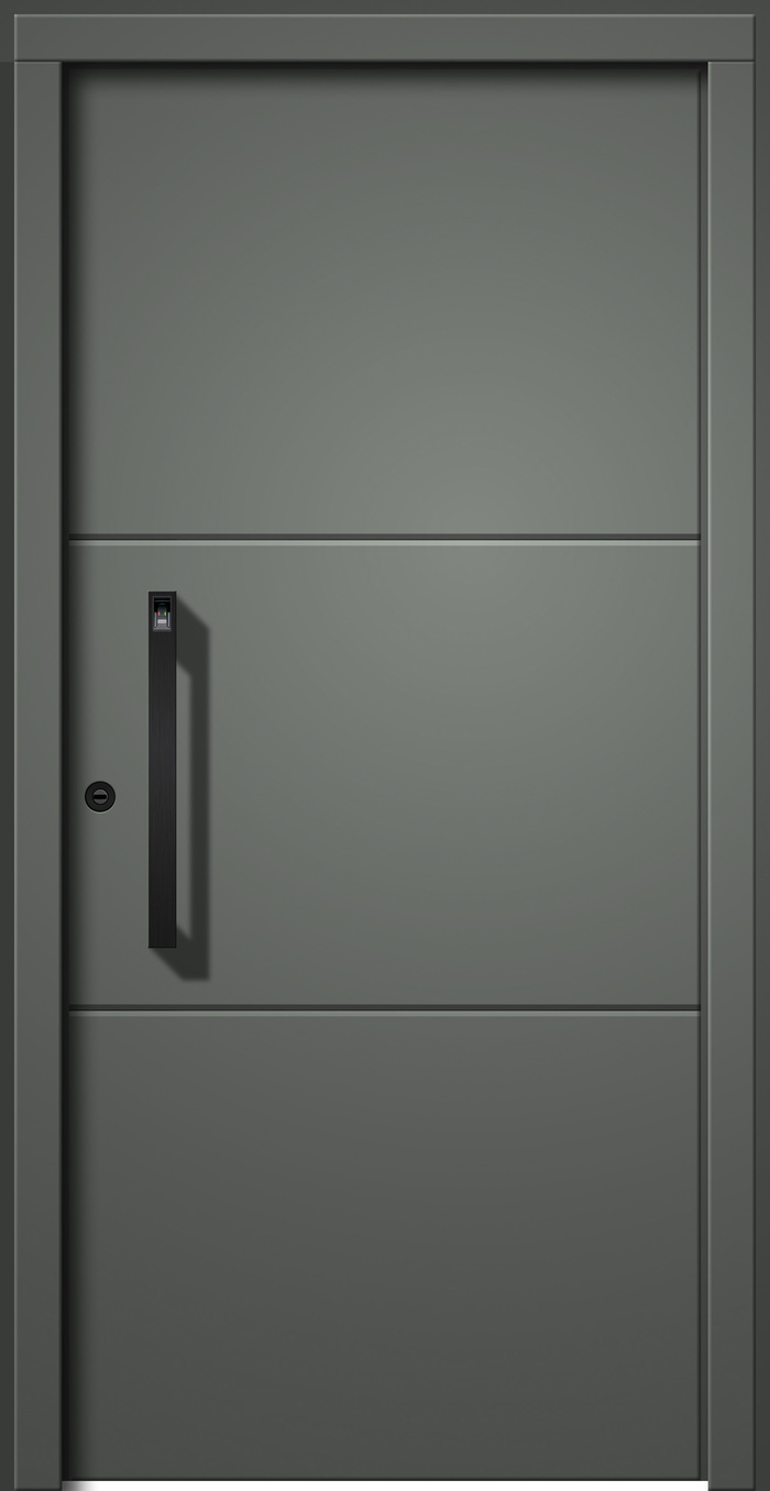 Eine graue Tür mit modernem Design und einem langen schwarzen Griff