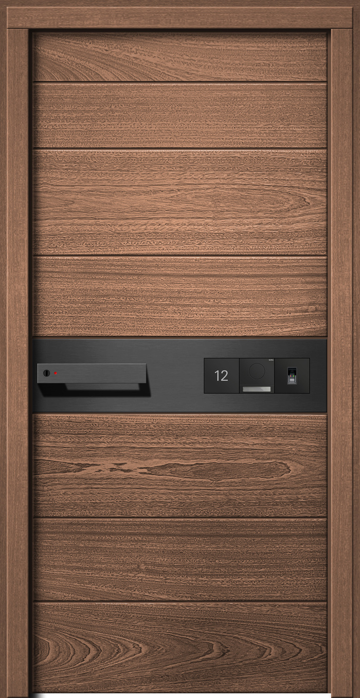 Ein braunes Holzpanel mit dunklem Bedienfeld und Anzeige, modern und elegant