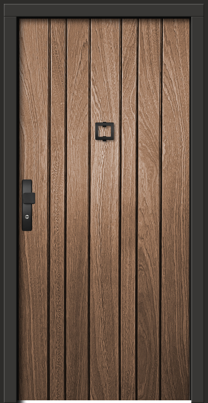 Eine braune Holztür mit senkrechten Linien und schwarzem modernen Griff