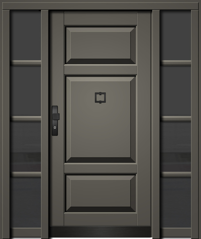 Graue Haustür mit schwarzen Details und Glaseinsätzen seitlich, modern gestaltet