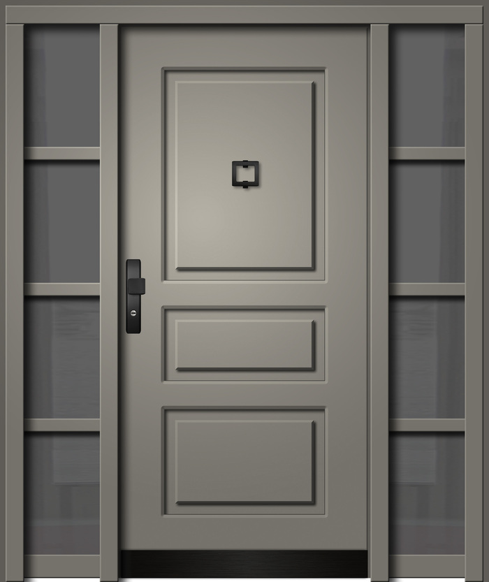 Graue Haustür mit mattem Finish und einem kleinen quadratischen Klopfer