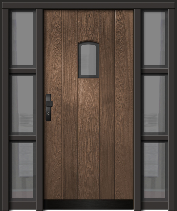 Eine braune Holztür mit einem kleinen Fenster und schwarzen Rahmen zeigt feine Maserung