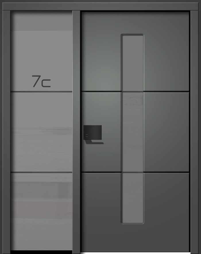 Eine graue moderne Tür mit Seitenteil und der Aufschrift 7c in klarer Form