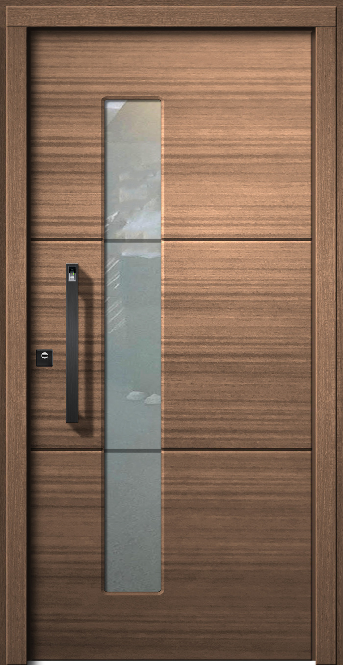 Eine moderne braune Holztür mit vertikalem Glasfenster und schwarzem Griff