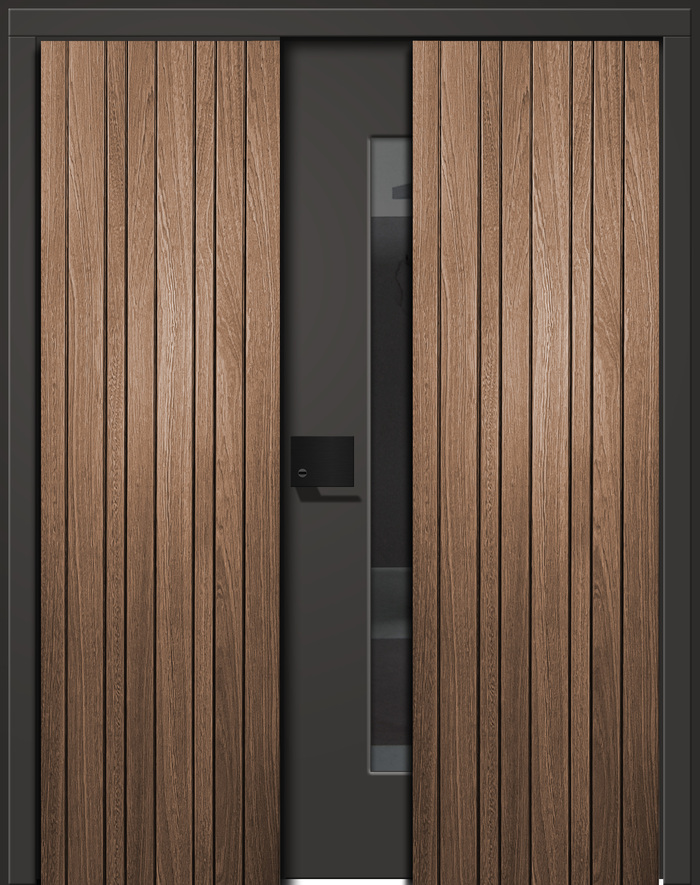 Eine moderne Tür mit senkrechten Holzpaneelen und dunklem Rahmen in entspannter Optik