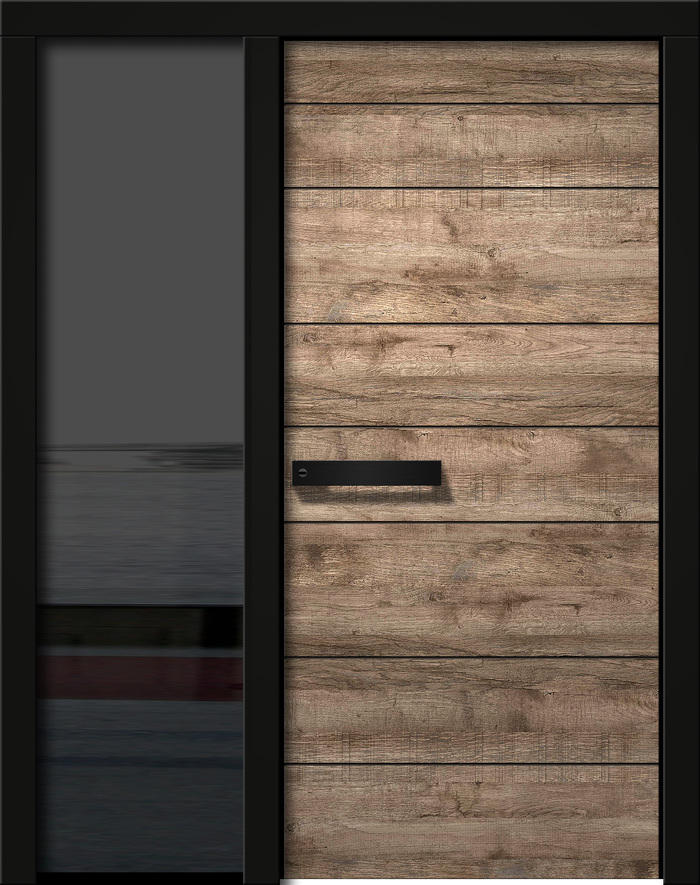 Eine moderne Eingangstür aus Holz mit schwarzen Rahmen und sichtbarer Maserung