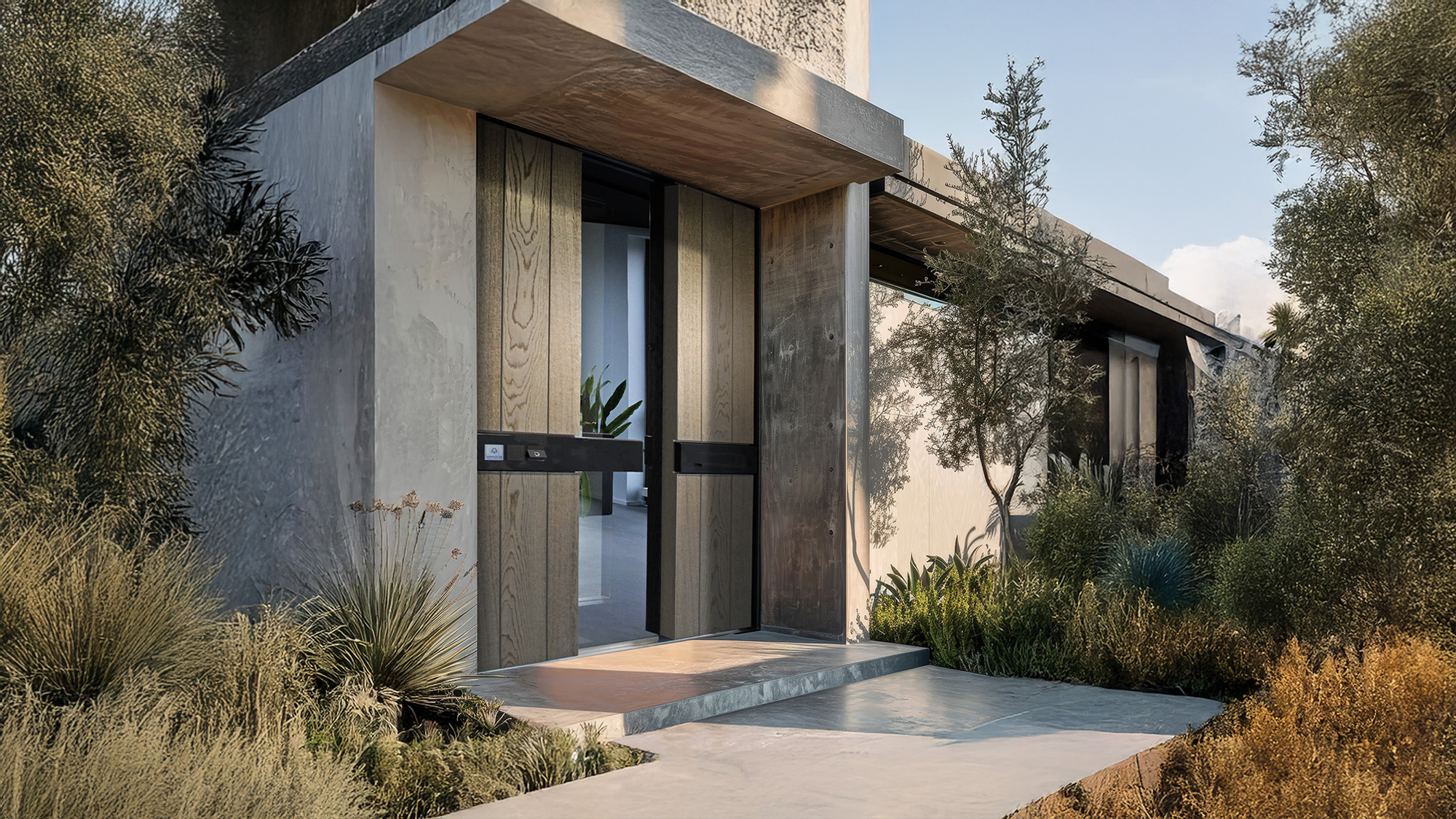 Modernes graues Betonhaus mit ruhigem Eingang, Holzdetails und Gartenpflanzen
