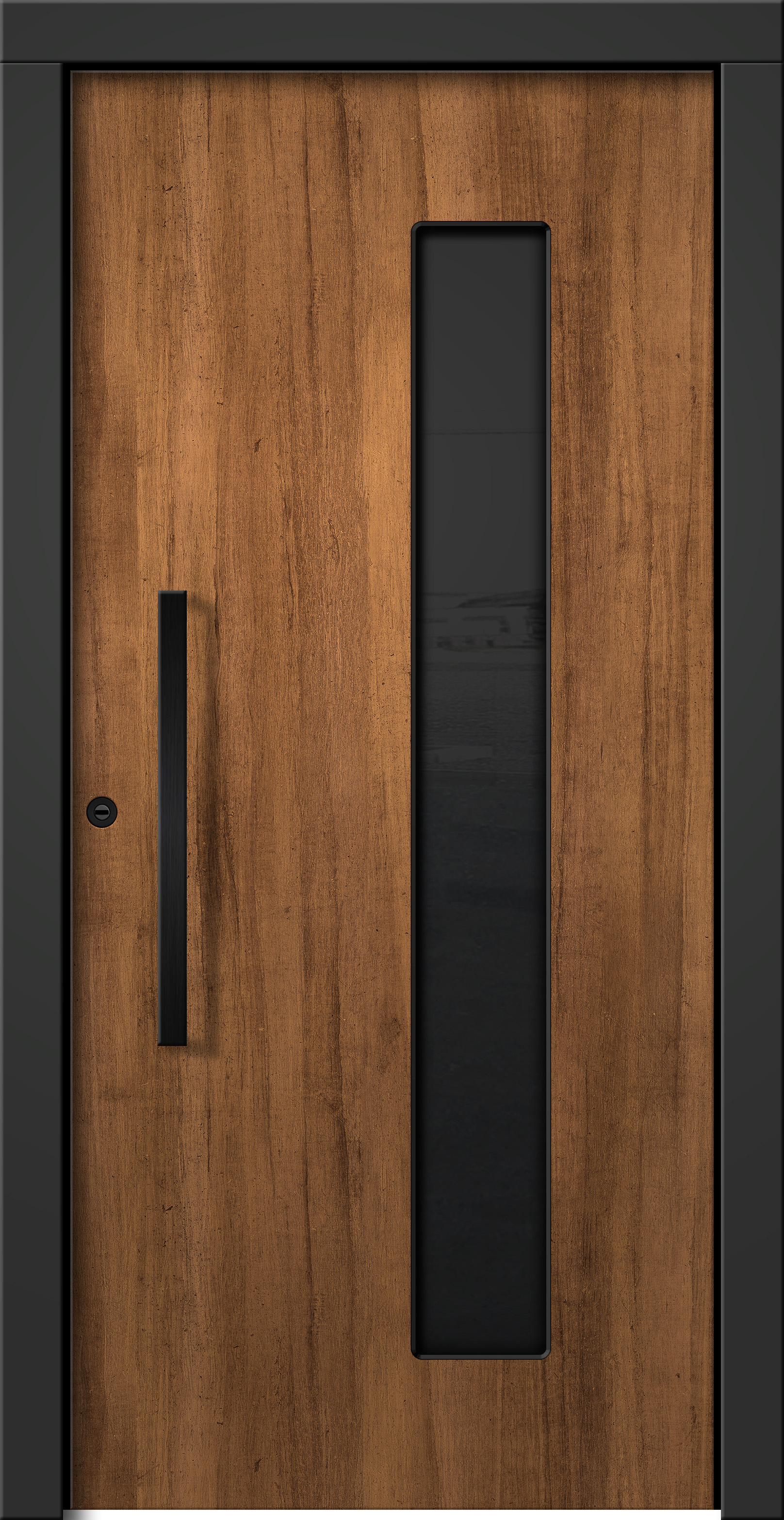 Moderne Haustuer aus Holz in Nussbaumoptik mit schmalem Glaselement